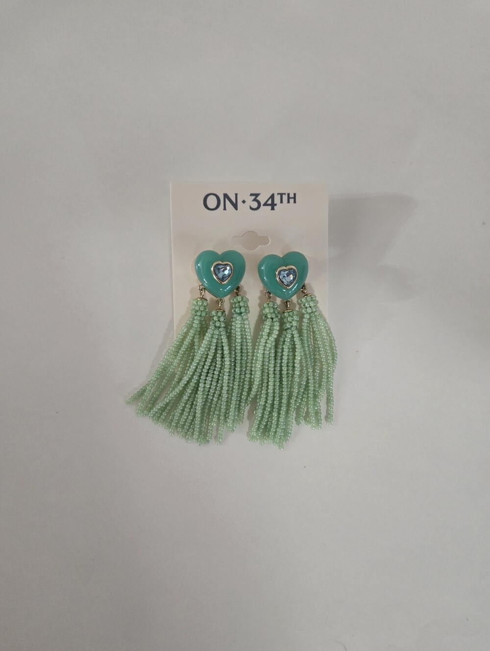 ON 34TH Mint Heart Tassel Earrings